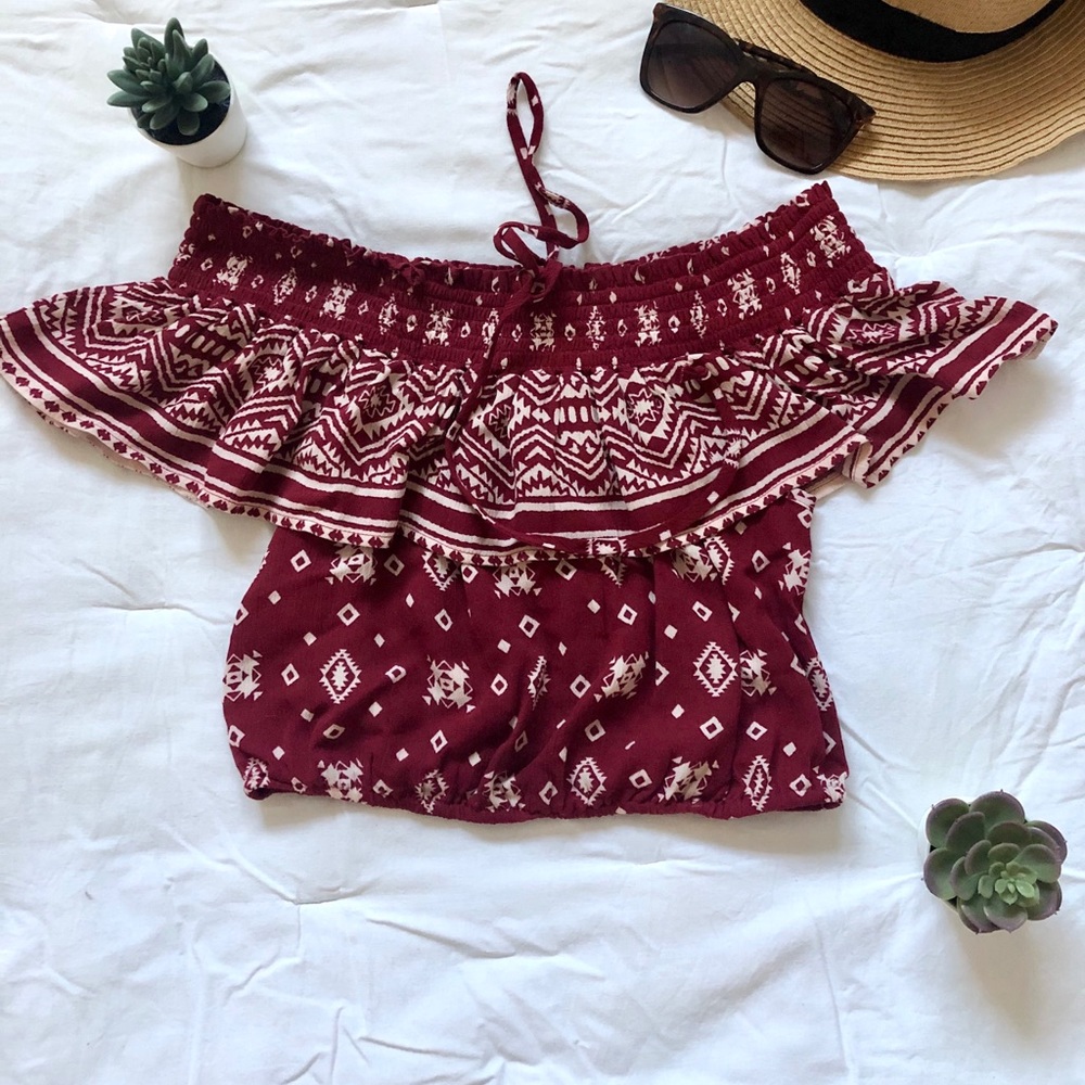 Size S red and white off the shoulder crop top